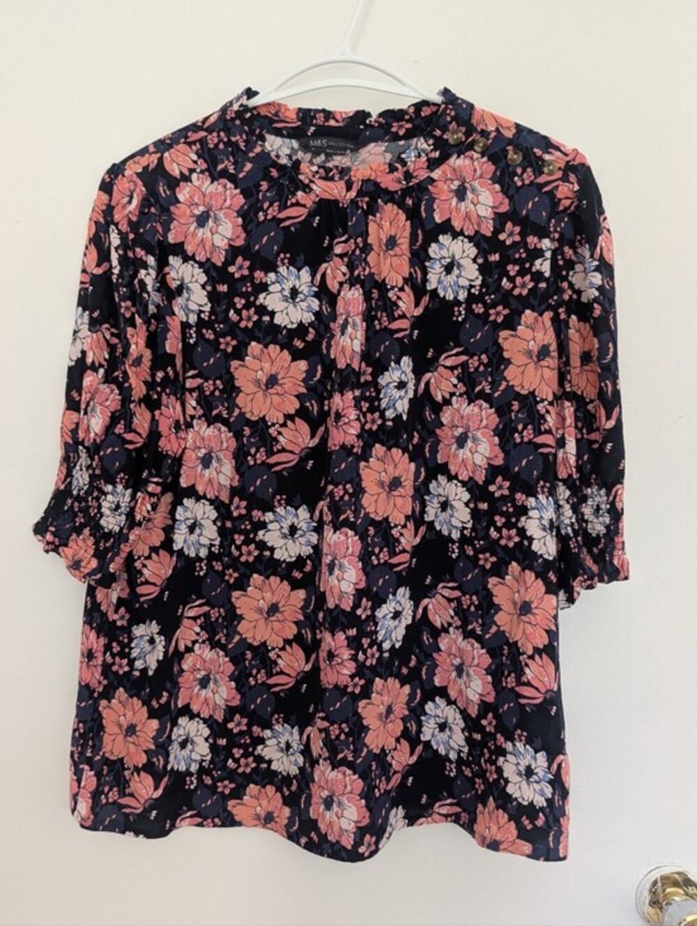 Pink Blue Floral Boho Blouse High Neck Smocked Cuffs Romantic Cottagecore US 12